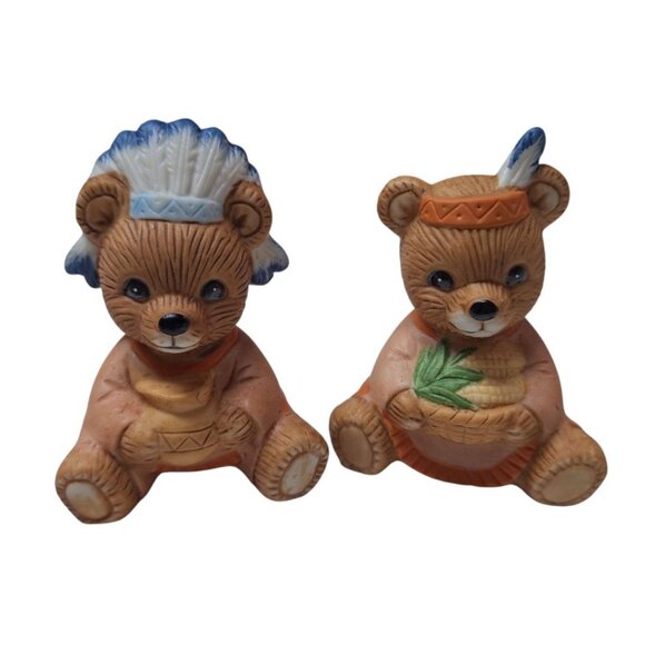 Homco 5312 Bear Indian Pilgrim Thanksgiving Figurines Knick Knack Fall Native - Picture 3 of 8